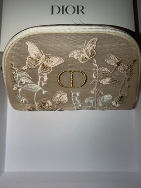 Dior Beige Embroidered Butterfly & Floral Cosmetic Pouch with Gold CD Logo